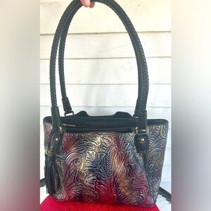 MADI CLAIRE MULTICOLORED TOOLED EMBOSSED LEATHER SHOULDER BAG/TOTE. Has tassel.